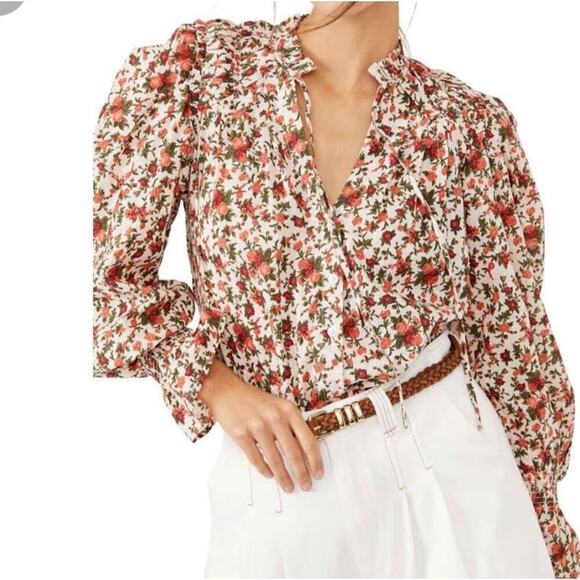 Free People Blouse Floral Top Long Sleeve Cream Rose Pink Green Size L - Picture 1 of 13